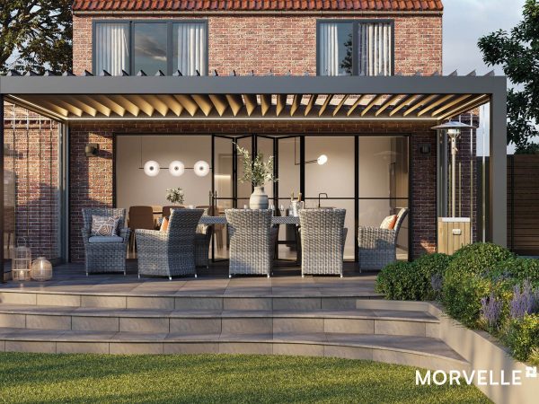 A pergola with a view of a garden.