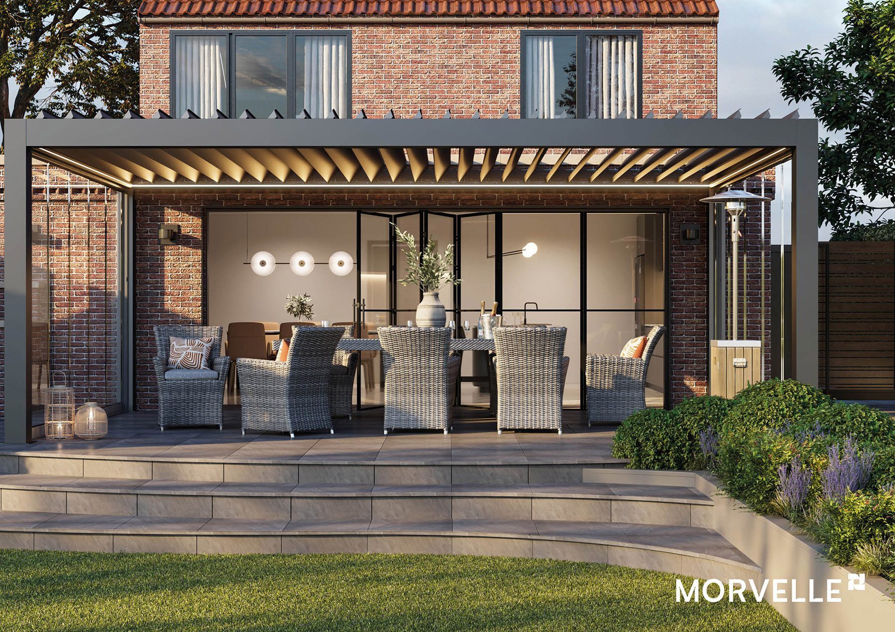 A pergola with a view of a garden.