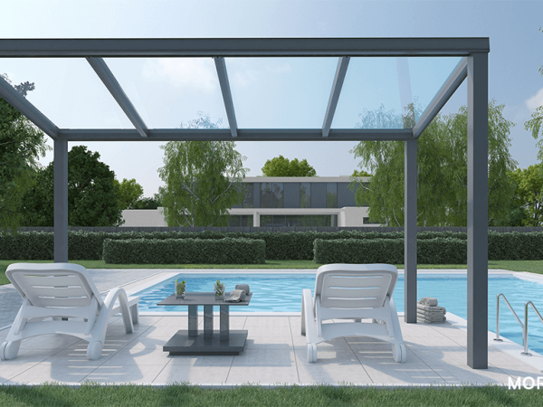 A pergola on a sunny day with a swimming pool.