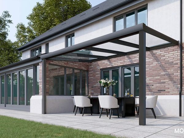 A pergola on a clear day with a view of a garden.